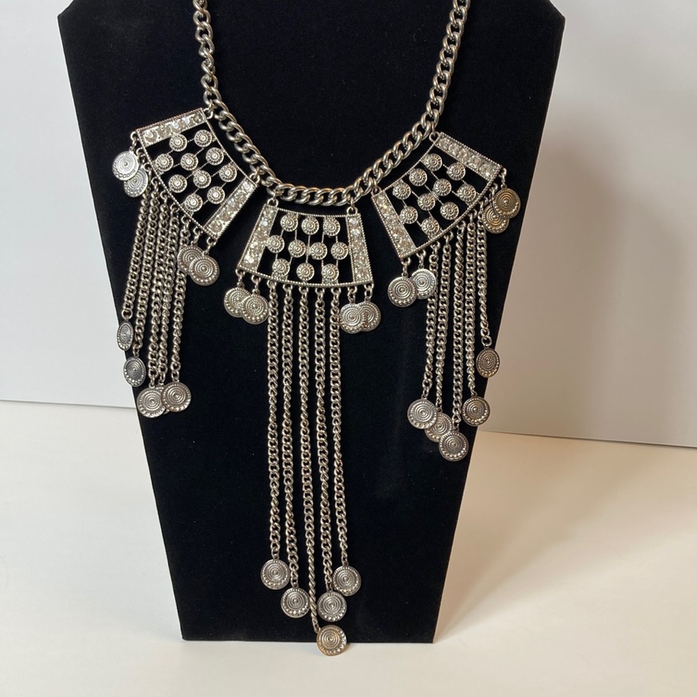 Large Silver Tone Dangling Chain Plastron Bib Statement Necklace